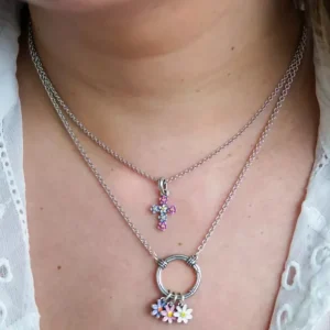 Enamel Floral Cross Pendant and Flower Charms